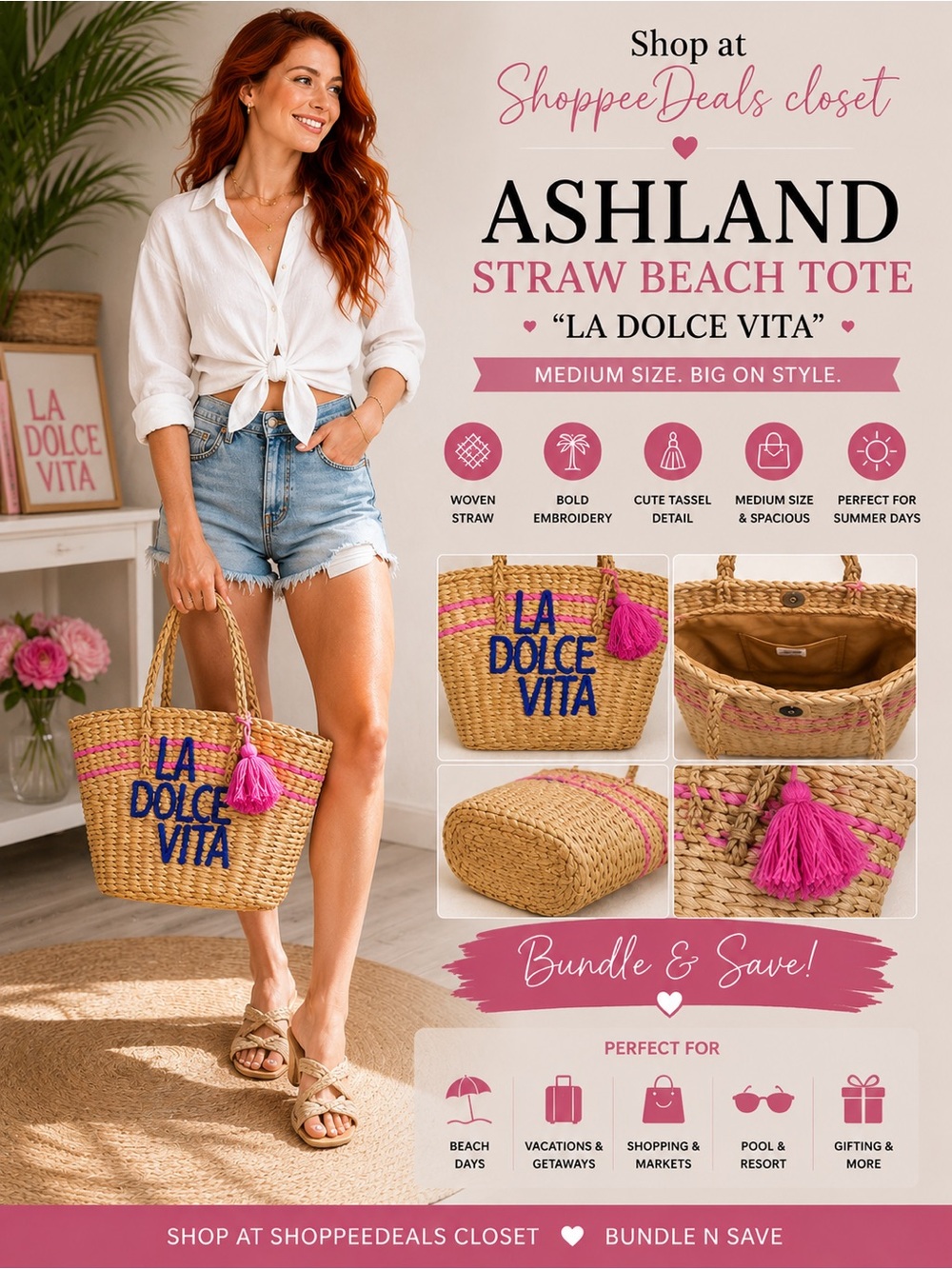 Ashland “La Dolce Vita” Woven Straw Beach Tote Pink Tassel Summer Vacation Bag